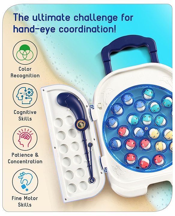 Babyhug Premium  Rechargeable Magnetic Fishing Game Portable Trolly|25 colourful fishes with 2 fish catching rods| C-Type Charging | Music & Lights | Best for Gifting | Made in India-Blue