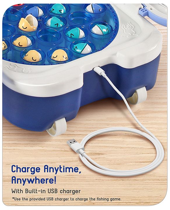 Babyhug Premium  Rechargeable Magnetic Fishing Game Portable Trolly|25 colourful fishes with 2 fish catching rods| C-Type Charging | Music & Lights | Best for Gifting | Made in India-Blue