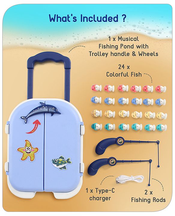 Babyhug Premium  Rechargeable Magnetic Fishing Game Portable Trolly|25 colourful fishes with 2 fish catching rods| C-Type Charging | Music & Lights | Best for Gifting | Made in India-Blue