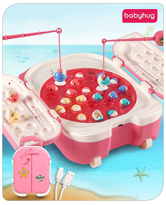 Babyhug Premium  Rechargeable Magnetic Fishing Game Portable Trolly|25 colourful fishes with 2 fish catching rods| C-Type Charging | Music & Lights | Best for Gifting | Made in India-Blue