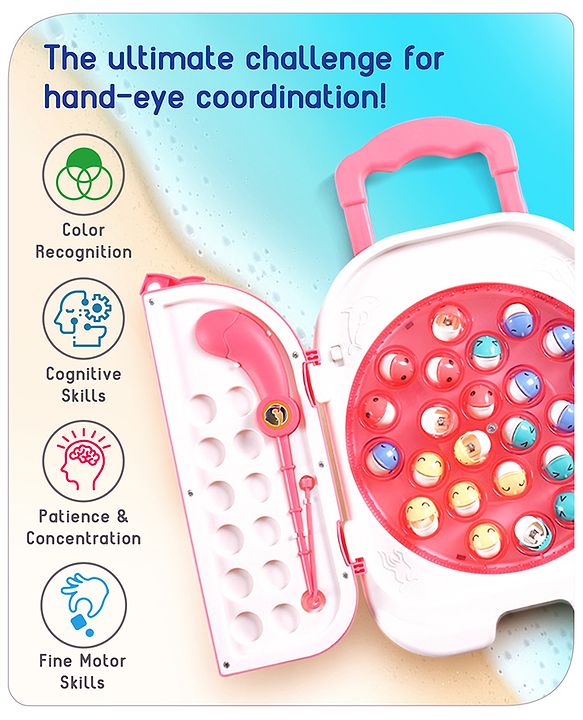Babyhug Premium  Rechargeable Magnetic Fishing Game Portable Trolly|25 colourful fishes with 2 fish catching rods| C-Type Charging | Music & Lights | Best for Gifting | Made in India-Blue
