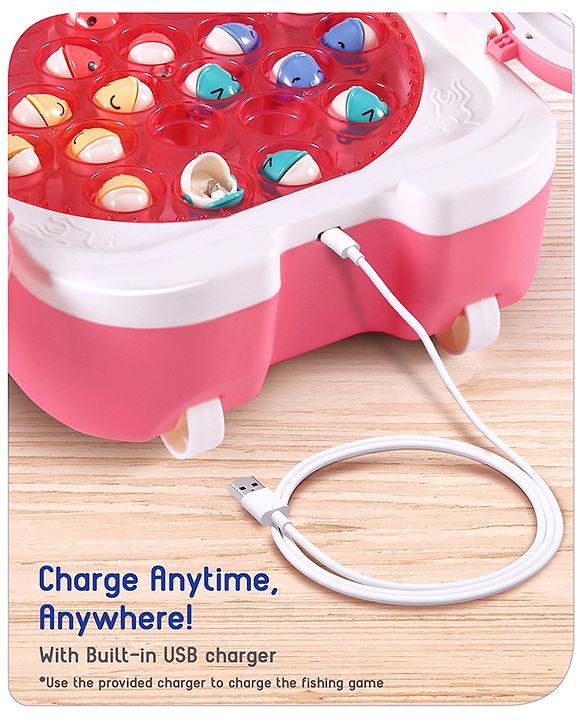 Babyhug Premium  Rechargeable Magnetic Fishing Game Portable Trolly|25 colourful fishes with 2 fish catching rods| C-Type Charging | Music & Lights | Best for Gifting | Made in India-Blue