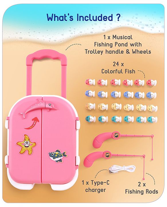 Babyhug Premium  Rechargeable Magnetic Fishing Game Portable Trolly|25 colourful fishes with 2 fish catching rods| C-Type Charging | Music & Lights | Best for Gifting | Made in India-Blue