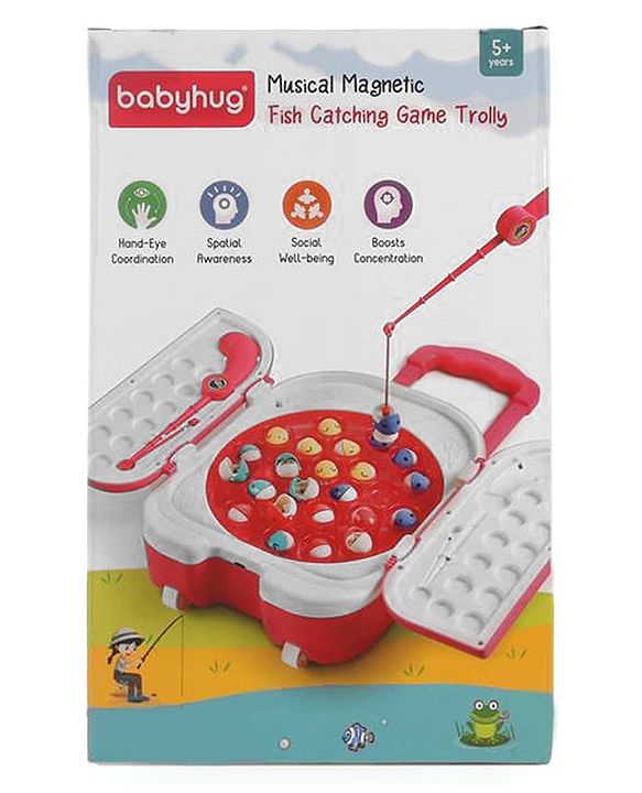 Babyhug Premium  Rechargeable Magnetic Fishing Game Portable Trolly|25 colourful fishes with 2 fish catching rods| C-Type Charging | Music & Lights | Best for Gifting | Made in India-Blue