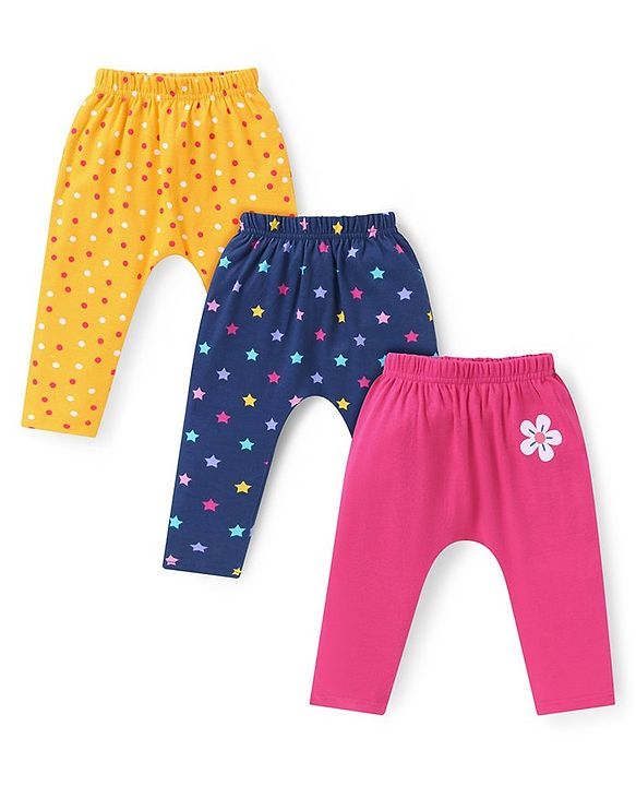 Babyhug Interlock Knit Full Length Polka Dot & Star Printed Diaper Leggings Pack of 3 - Yellow Navy Blue & Dark Pink