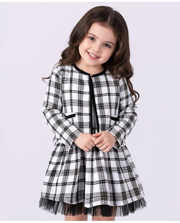 Babyhug Woven Checkered Frock With Full Sleeves Jacket - White & Black
