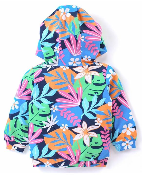 Babyhug Cotton Knit Full Sleeves Front Open Hooded Sweatjacket with Floral Print & Kangaroo Pockets - Navy Blue