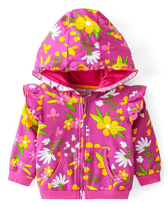 Babyhug Cotton Knit Full Sleeves Hooded Sweatjacket with Floral Print & Frill Detailing - Fuchsia
