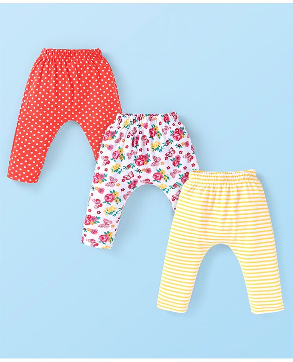 Babyhug Interlock Cotton Knit Full Length Striped & Floral Printed Diaper Leggings Pack of 3 - Red Yellow & White
