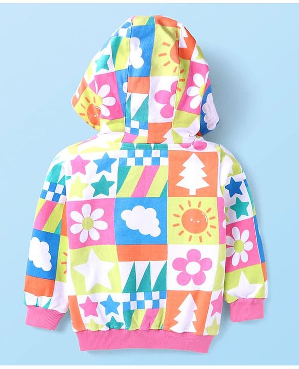 Babyhug Cotton Knit Full Sleeves Hooded Front Open  Sweatjacket with  Floral Print - Pink White & Orange