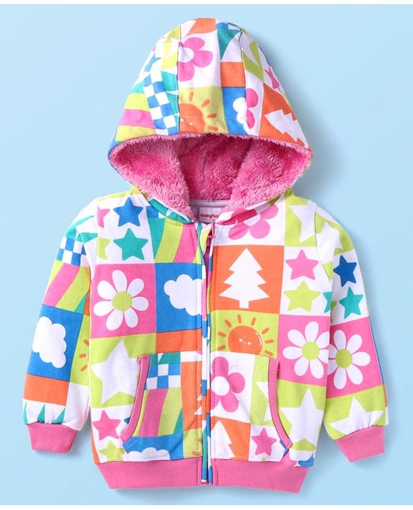 Babyhug Cotton Knit Full Sleeves Hooded Front Open  Sweatjacket with  Floral Print - Pink White & Orange