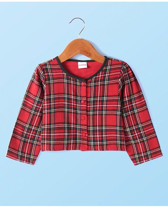 Babyhug Checkered Frock With Full Sleeves Shrug - Red