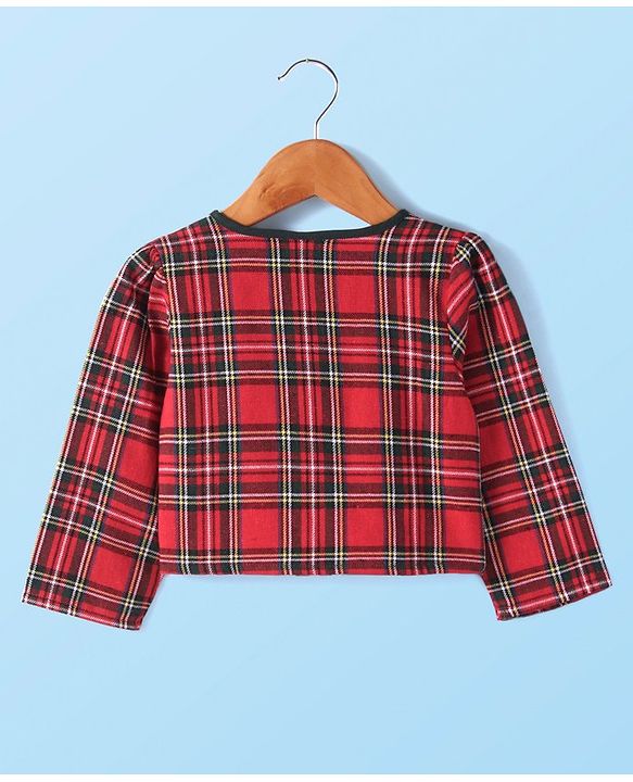 Babyhug Checkered Frock With Full Sleeves Shrug - Red