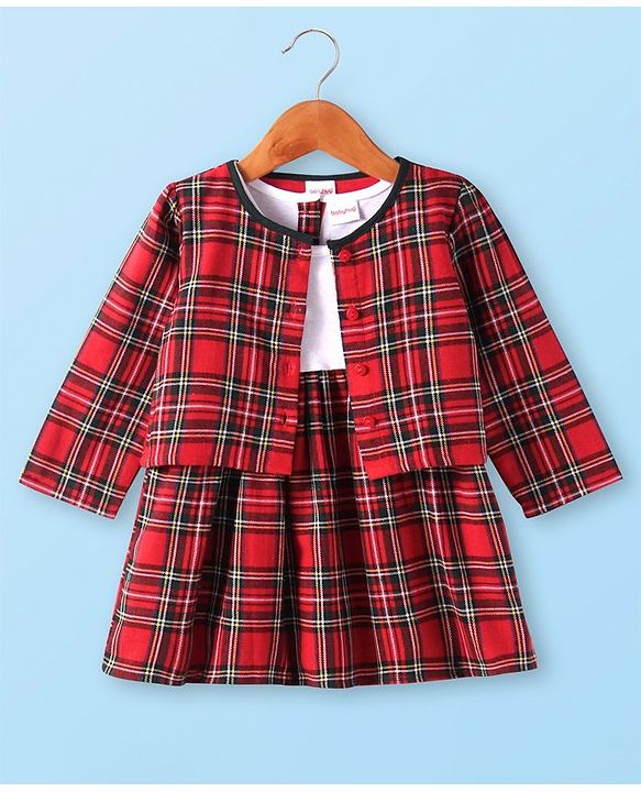 Babyhug Checkered Frock With Full Sleeves Shrug - Red