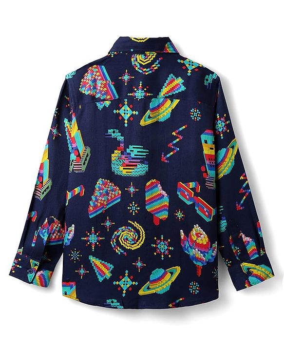 Pine Kids Cotton Woven Full Sleeves Printed Shirt - Navy Blue