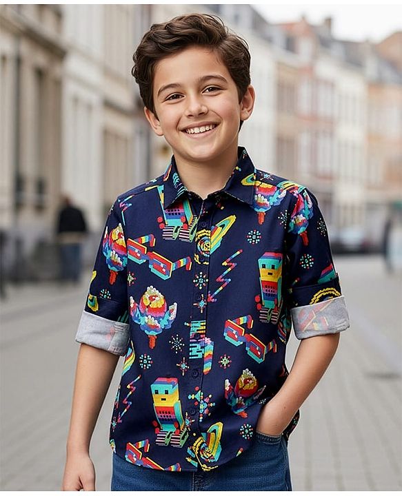 Pine Kids Cotton Woven Full Sleeves Printed Shirt - Navy Blue