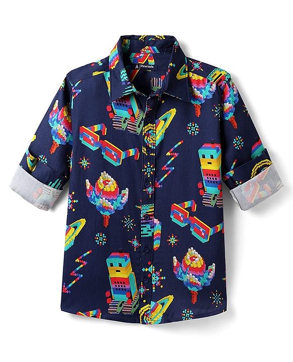 Pine Kids Cotton Woven Full Sleeves Printed Shirt - Navy Blue
