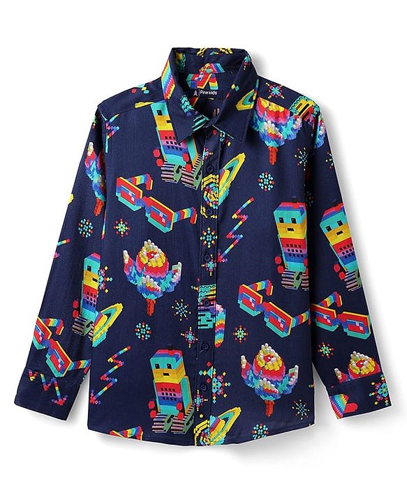 Pine Kids Cotton Woven Full Sleeves Printed Shirt - Navy Blue