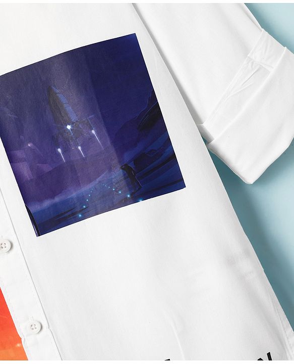 Pine Kids Cotton Woven Full Sleeves Shirt With Space Theme Print - White
