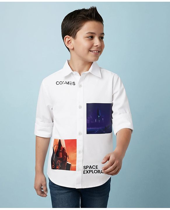 Pine Kids Cotton Woven Full Sleeves Shirt With Space Theme Print - White