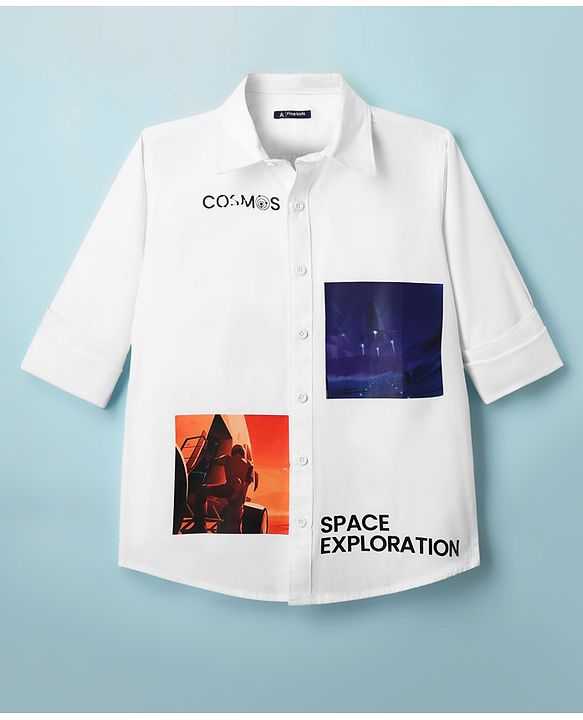 Pine Kids Cotton Woven Full Sleeves Shirt With Space Theme Print - White