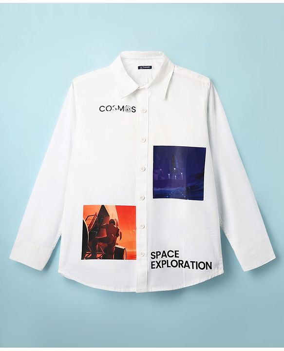 Pine Kids Cotton Woven Full Sleeves Shirt With Space Theme Print - White