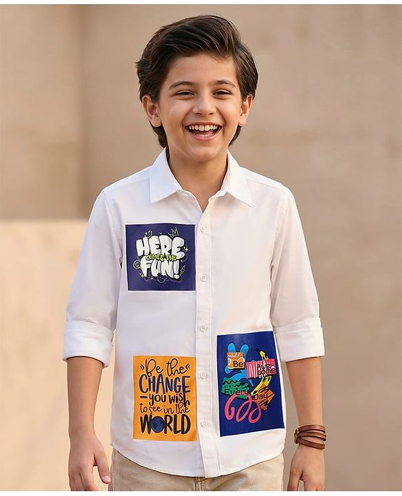 Pine Kids Cotton Woven Full Sleeves Shirt With Text Print - White
