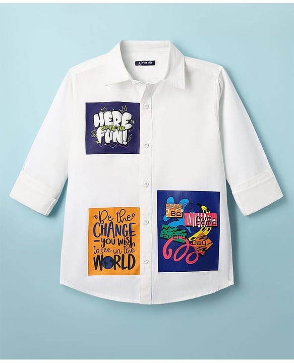 Pine Kids Cotton Woven Full Sleeves Shirt With Text Print - White