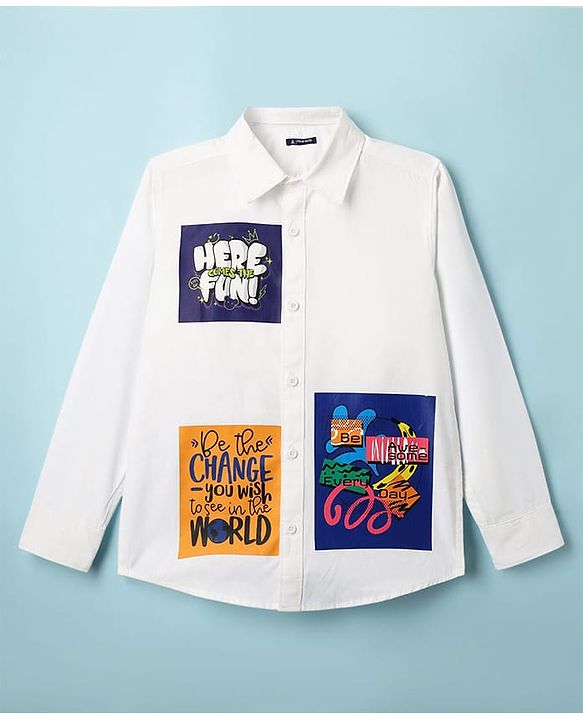Pine Kids Cotton Woven Full Sleeves Shirt With Text Print - White