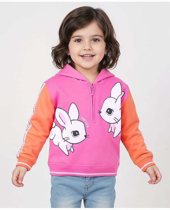 Babyhug Cotton Knit Full Sleeves Hooded Sweatshirt with Bunny Print - Fuchsia