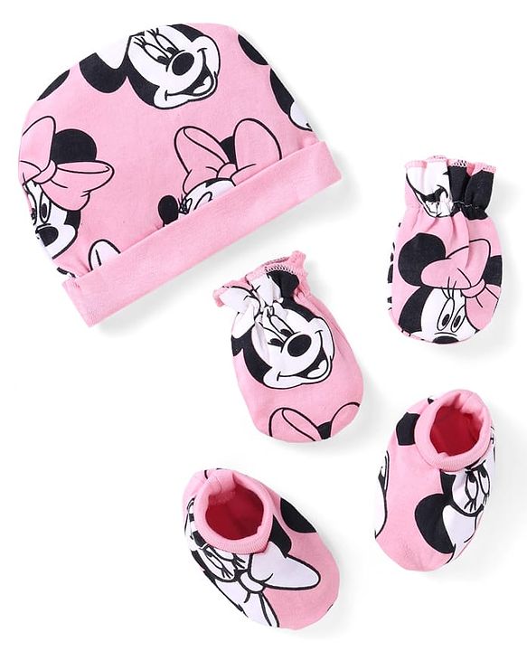 Babyhug Disney Interlock Knit Cap Mittens & Booties With Minnie Mouse Print Pink - Diameter 10 cm
