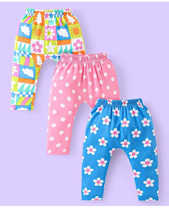 Babyhug Cotton Knit Full Length Diaper Leggings With Floral & Polka Dots Print Pack Of 3 - Pink Blue & Lime