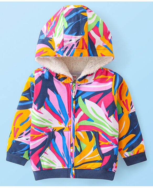 Babyhug Cotton Knit Full Sleeves Front Open Hooded Sweatjacket with Abstract Design & Kangaroo Pockets - Blue