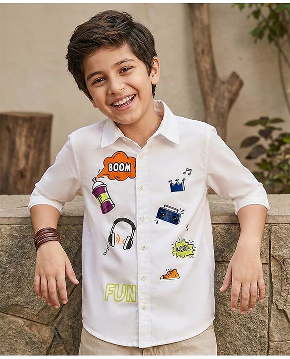 Pine Kids Cotton Woven Full Sleeves Text Printed Shirts - White