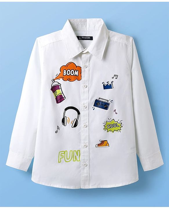 Pine Kids Cotton Woven Full Sleeves Text Printed Shirts - White