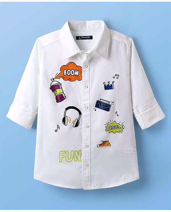 Pine Kids Cotton Woven Full Sleeves Text Printed Shirts - White
