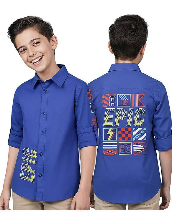 Pine Kids Cotton Woven Full Sleeves Shirt With Text Print In Front & Back - Royal Blue