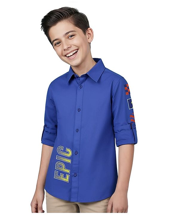 Pine Kids Cotton Woven Full Sleeves Shirt With Text Print In Front & Back - Royal Blue