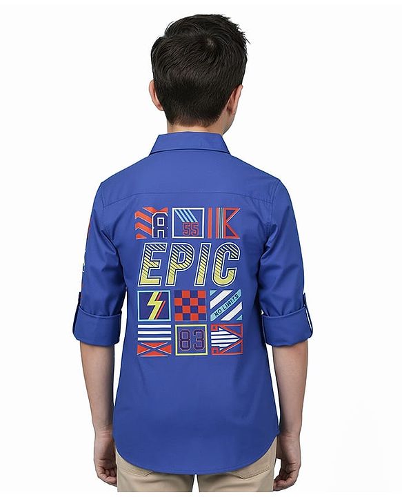 Pine Kids Cotton Woven Full Sleeves Shirt With Text Print In Front & Back - Royal Blue
