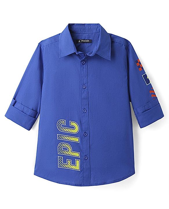 Pine Kids Cotton Woven Full Sleeves Shirt With Text Print In Front & Back - Royal Blue