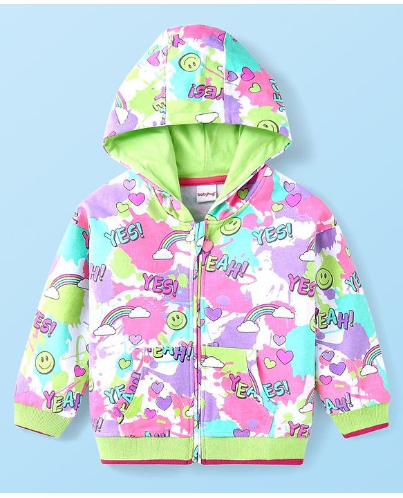 Babyhug Cotton Knit Full Sleeves Hooded Sweatjacket with Text & Rainbow Theme Print - Blue Pink & Green