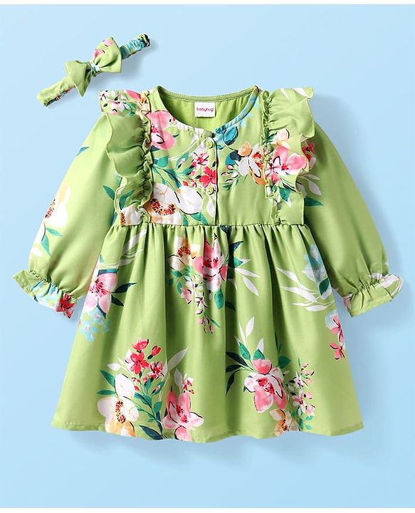 Babyhug Woven Full Sleeves Frock With Floral Print & Hairband - Green