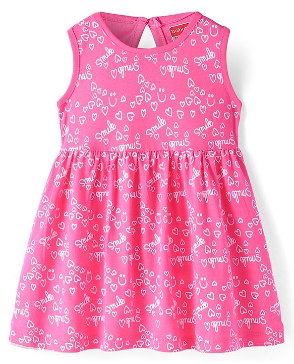 Babyhug Single Jersey Knit Sleeveless Frock with Heart Print- Dark Pink