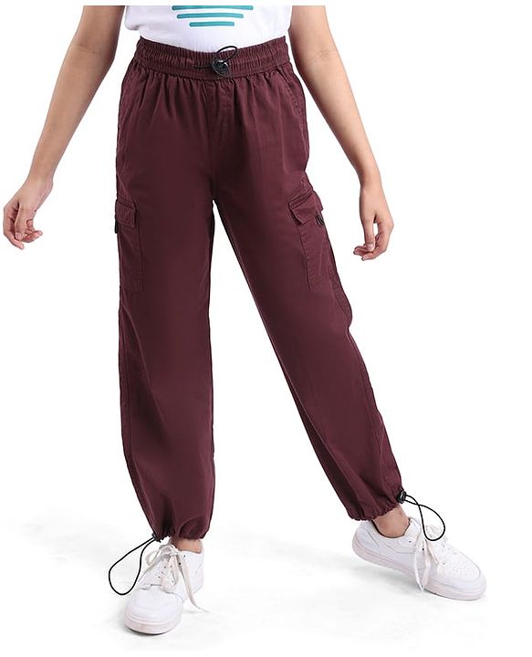 Pine Kids Cotton Woven Full Length Solid Trouser - Maroon