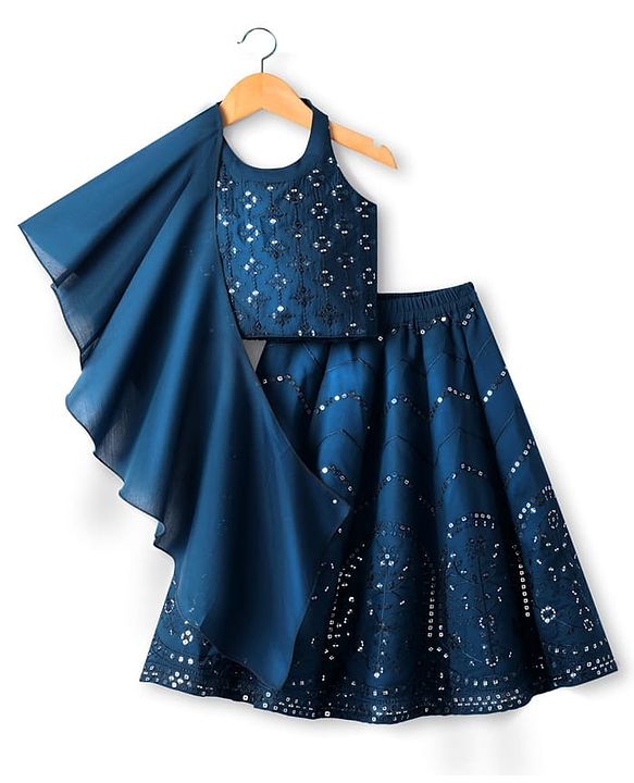 Babyhug Woven Halter Neck Lehenga Choli Set with Embroidery Mirror Sequin & Dupatta - Navy Blue