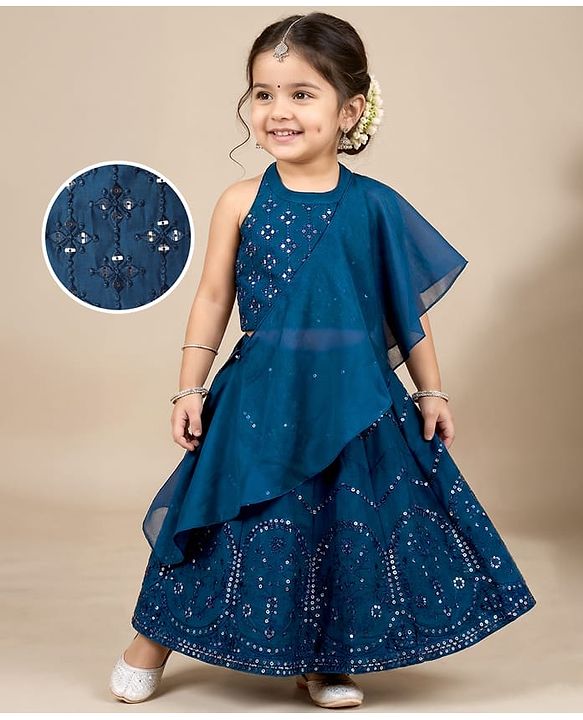 Babyhug Woven Halter Neck Lehenga Choli Set with Embroidery Mirror Sequin & Dupatta - Navy Blue