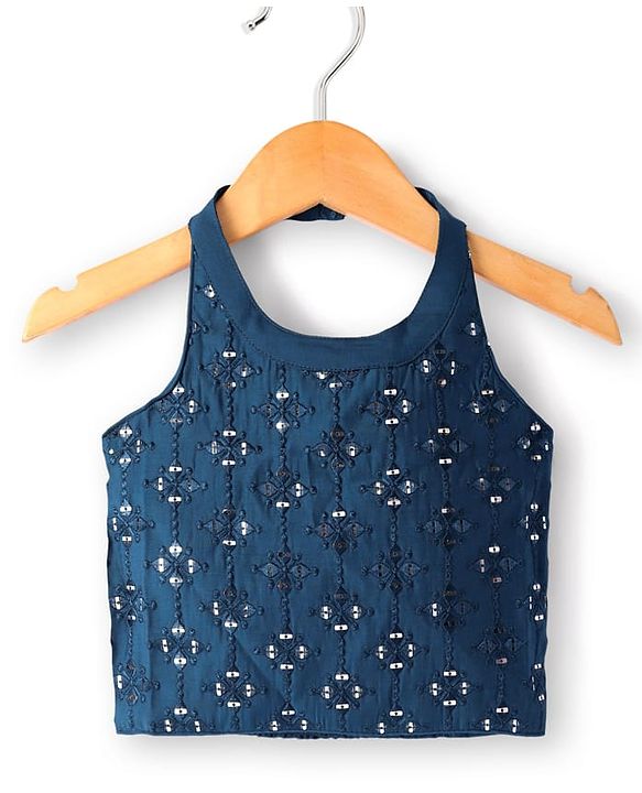 Babyhug Woven Halter Neck Lehenga Choli Set with Embroidery Mirror Sequin & Dupatta - Navy Blue