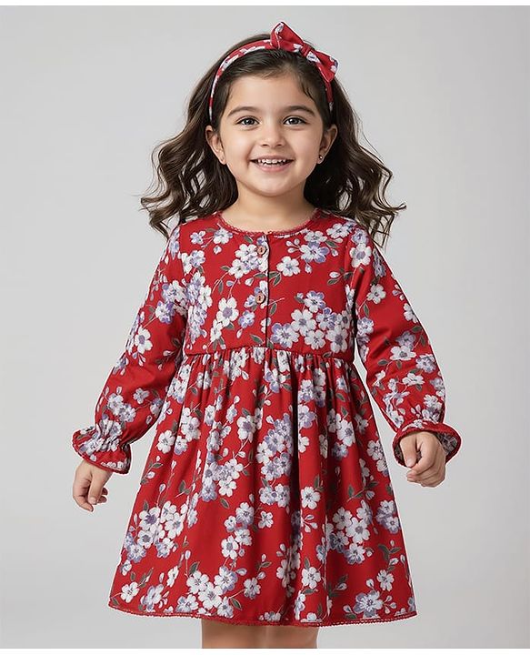 Babyhug Woven Full Sleeves Floral Printed Frock with Headband - Rust Orange