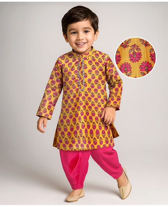Babyhug Cotton Woven Cambric Full Sleeves Floral Printed Dhoti Kurta Set - Yellow