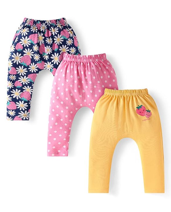 Babyhug Interlock Knit Full Length Floral & Polka Dots Printed Diaper Leggings Pack of 3 - Yellow Pink & Navy
